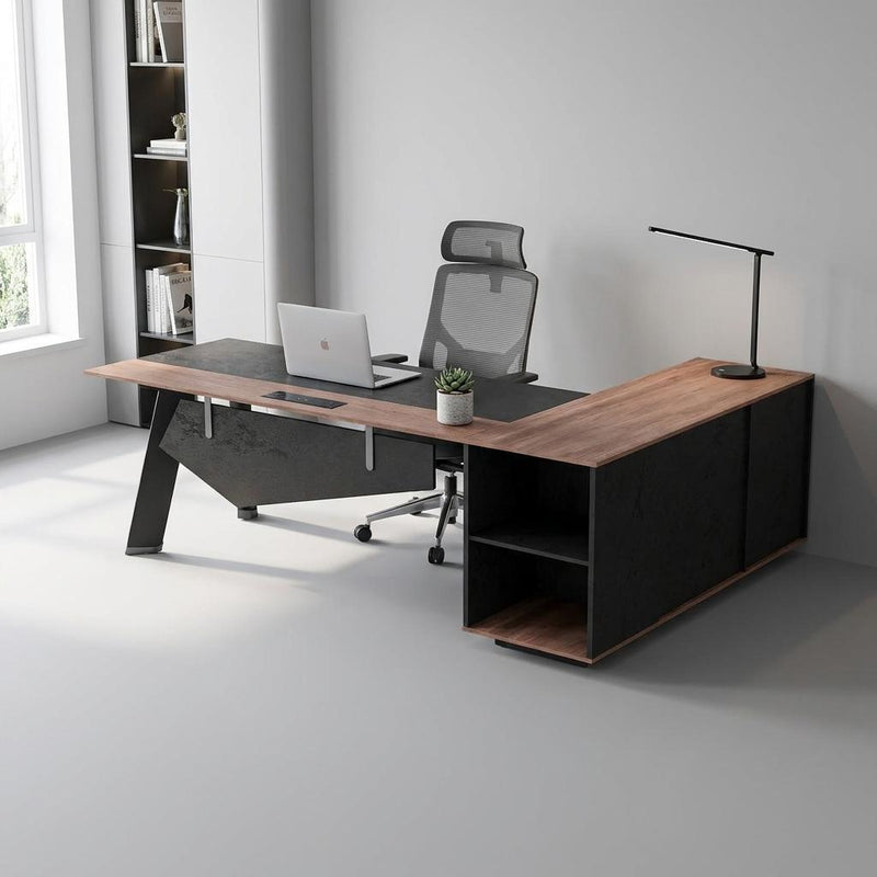 Wood And Steel L Shape Pedestal Executive Desk With Four Cabinets - Black And Brown