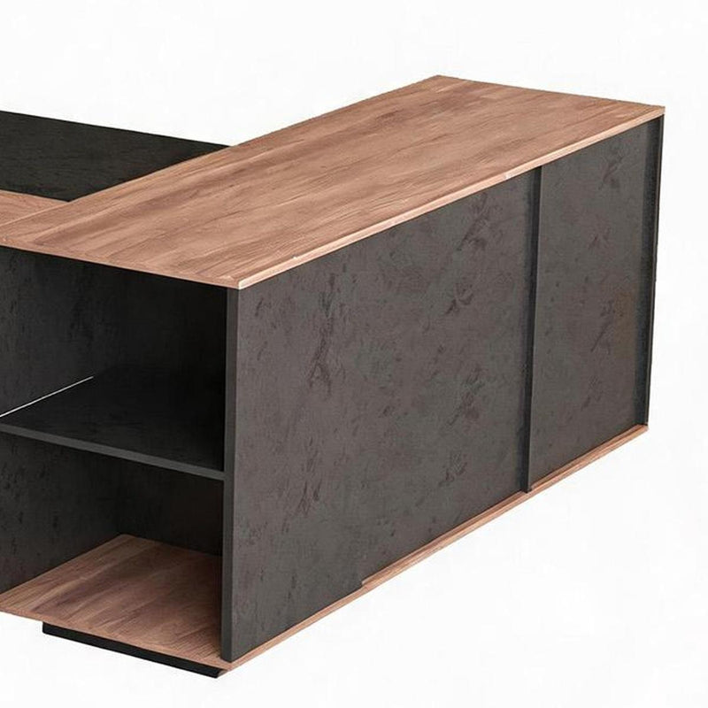 Wood And Steel L Shape Pedestal Executive Desk With Four Cabinets - Black And Brown