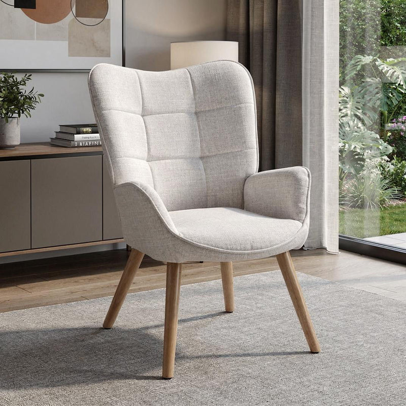 Tufted Chenille Solid Wood Wingback Chair - Beige / Natural