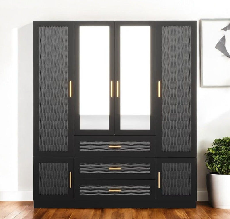 71" Carved Geometric Mirro Six Door Three Drawer Combo Dresser - Gold And Gray