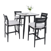 Load image into Gallery viewer, Modern Outdoor Patio Bar Set, Rounded Square Table &amp; Bar Chairs, Non Rust Frame, Tapered Legs, Sunbrella Cushion
