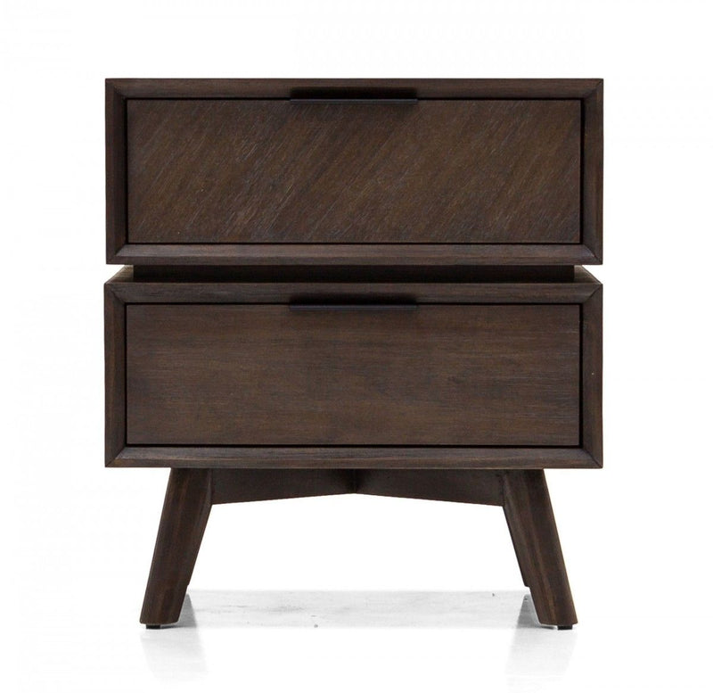 Mid Century Acacia Nightstand With Two Drawers And Black Metal Handles - Dark Brown