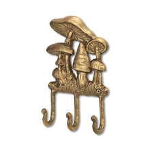 Load image into Gallery viewer, 5" Cast Iron Mushroom Three Hook Wall Mount Coat Rack - Antiqued Gold
