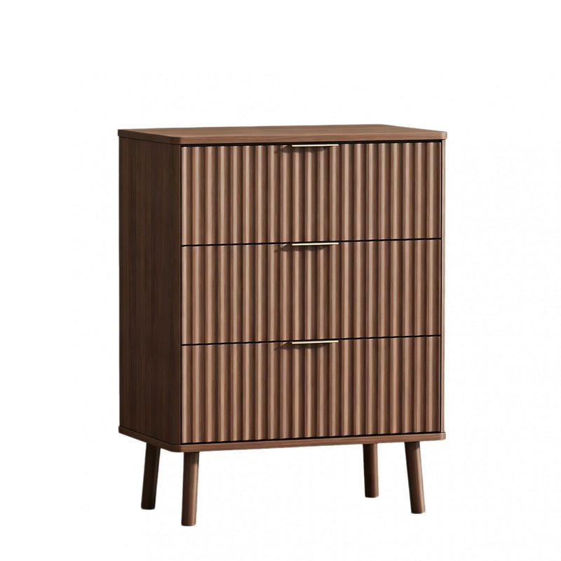 Wood Ribbed Texture Three Drawer Nightstand With USB - Brown