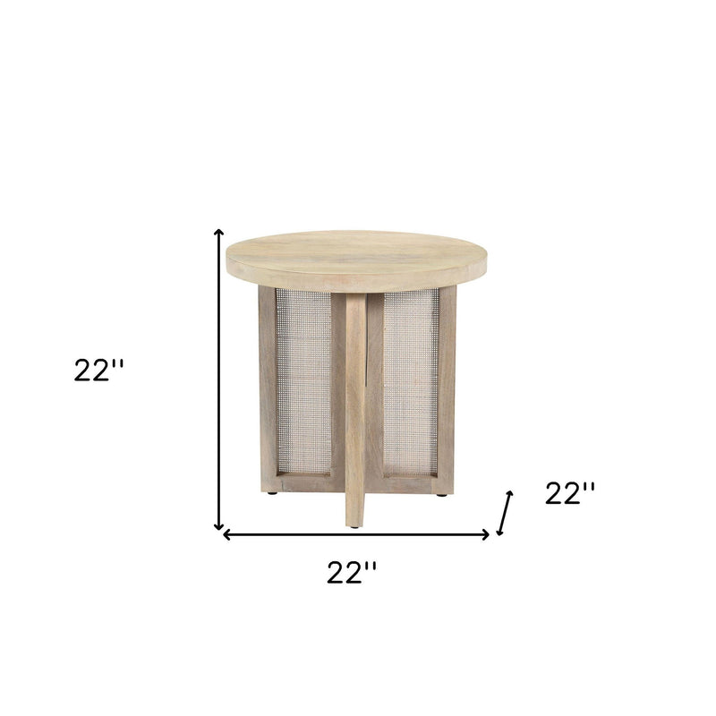 Solid Wood And Rattan Round End Table - Natural