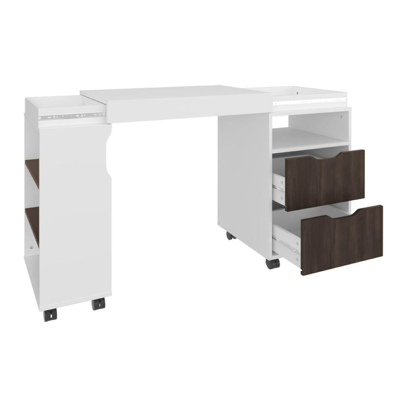Wood Rolling Pedestal Computer Desk With And Two Drawers - White And Walnut