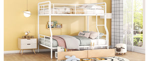 Full XL Over Queen Metal Bunk Bed with 2 Drawers, White