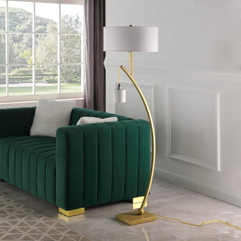 Dual Arc Floor Lamp With White Drum Shade - Matte Gold