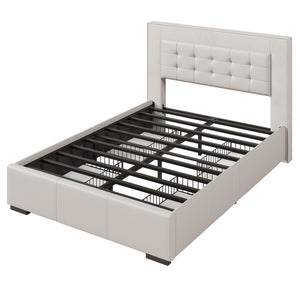 Modern Style Upholstered Queen Platform Bed Frame with Four Drawers, Button Tufted Headboard with PU Leather and Velvet, Beige