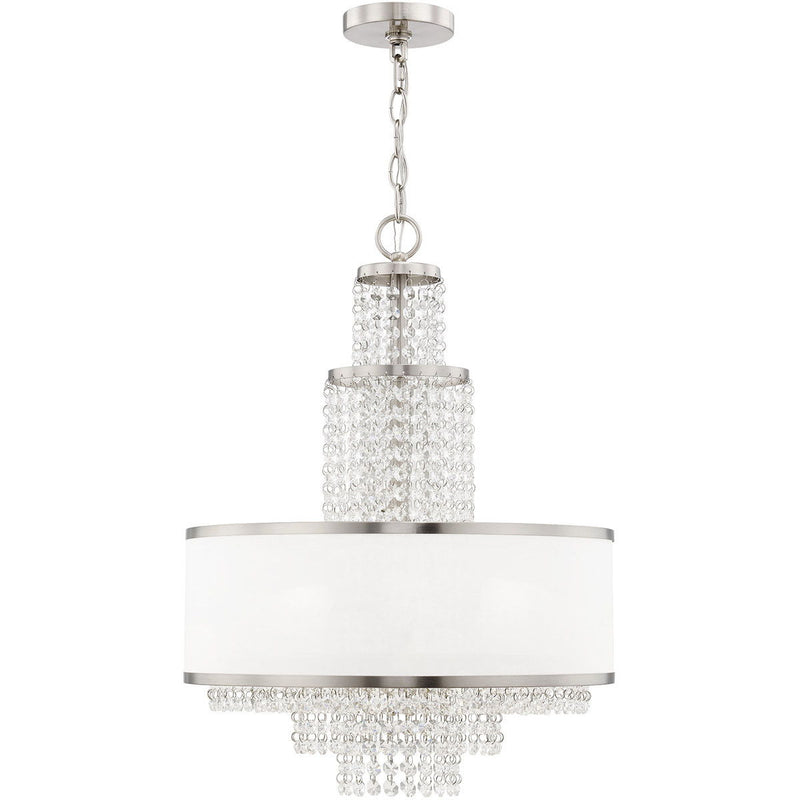 Five Light Metal Dimmable Chandelier With Shades - Nickel / Clear / Off White