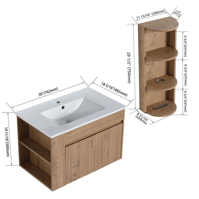 Modern Wall Mounted Bathroom Vanity With Sink And Storage Rack Soft Close Doors - Imitative Oak