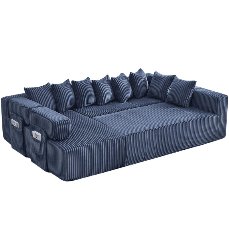 Corduroy Modular U Shaped Three Piece Corner Sectional With Console And Toss Pillows (762857) - Blue