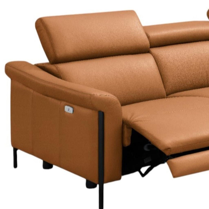 Leather Reclining Wood USB Sofa - Camel