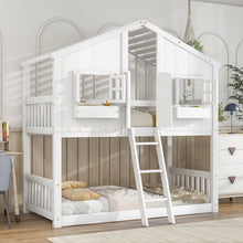 Load image into Gallery viewer, Twin over Twin House Bunk Bed with Roof , Window, Window  Box, Door , with Safety Guardrails and Ladder,White
