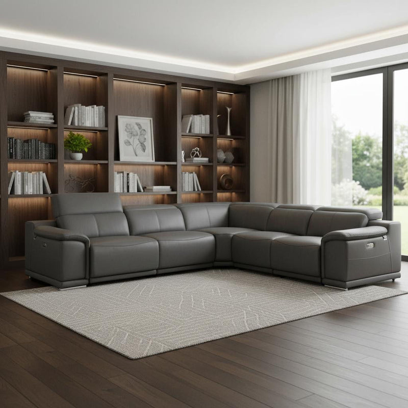 Italian Leather Power Reclining U Shaped Five Piece Corner Sectional With Console - Gray