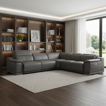 Load image into Gallery viewer, Italian Leather Power Reclining U Shaped Five Piece Corner Sectional With Console - Gray

