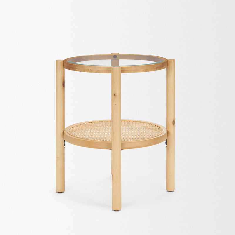 24" Clear And Glass And Solid Wood Round End Table With Shelf - Natural And Royal Purple
