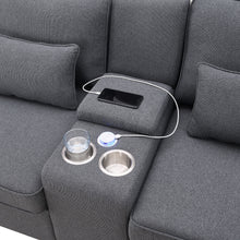 Load image into Gallery viewer, [VIDEO provided] [New] 114.2&quot; Upholstered Sofa with Console, 2 Cupholders and 2 USB Ports Wired or Wirelessly Charged, Modern Linen Fabric Couches with 4 Pillows for Living Room, Apartment (4-Seat)
