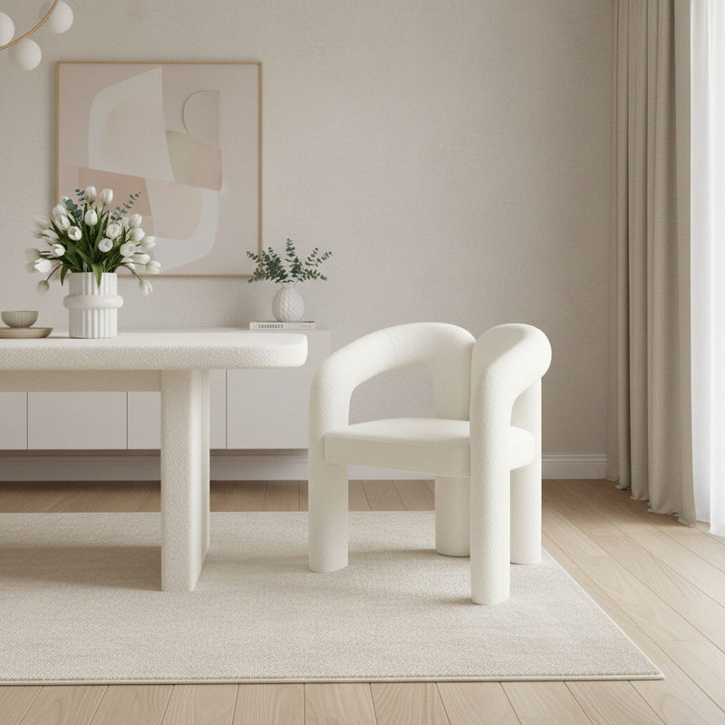 Boucle Partially Open Back Dining Arm Chair - White