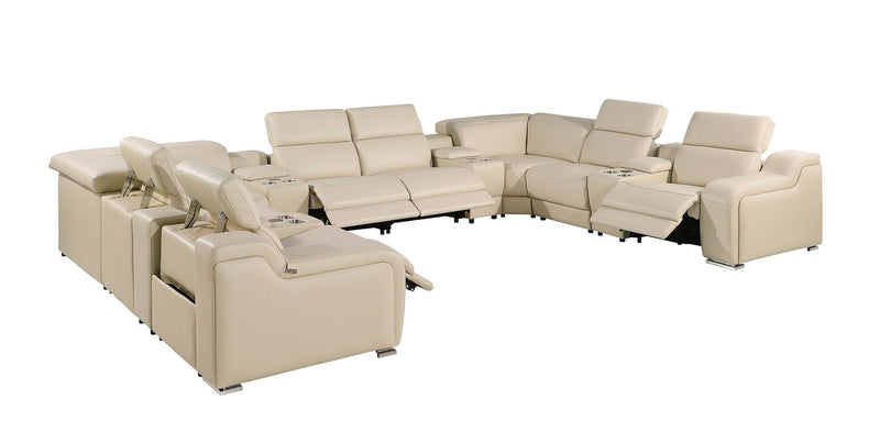Italian Leather Power Reclining U Shaped Twelve Piece Corner Sectional With Console - Beige