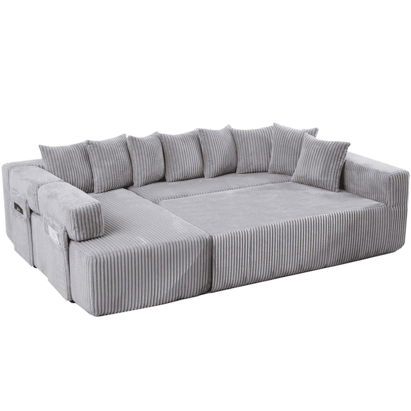 Corduroy Modular U Shaped Three Piece Corner Sectional With Console And Toss Pillows - Light Gray