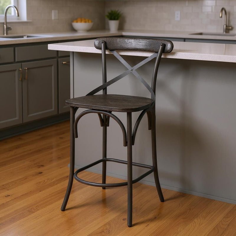 26" Cottage Solid Wood And Iron Counter Height Bar Chair - Black