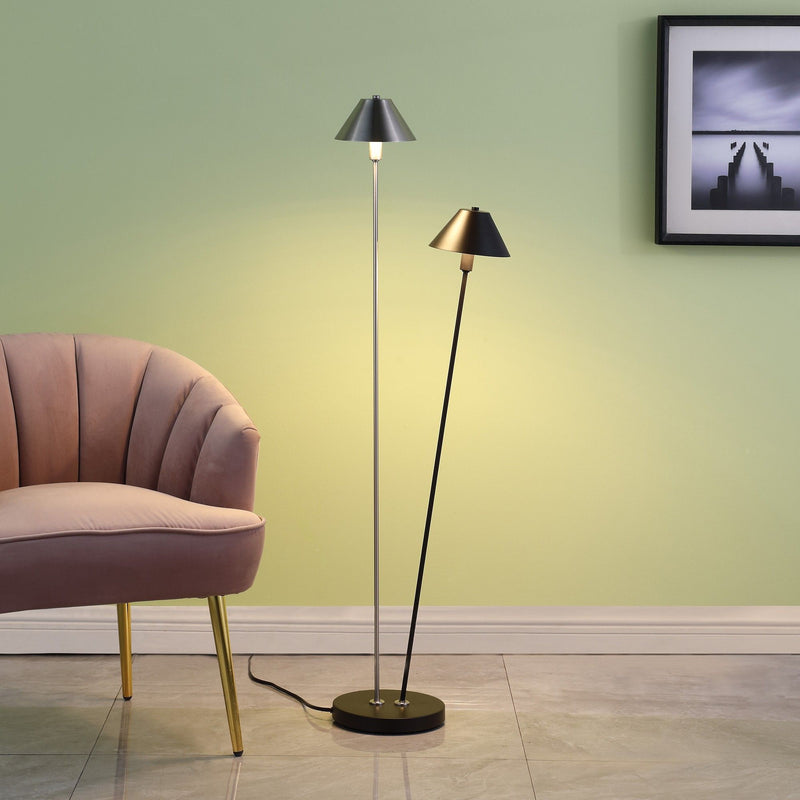 Two Lights LED Novelty Floor Lamp With Black And Silver Empire Shade - Nickel