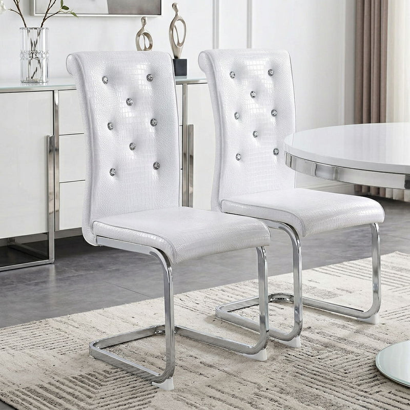 Faux Leather Metal Dining Side Chairs (Set of 2) - White / Silver