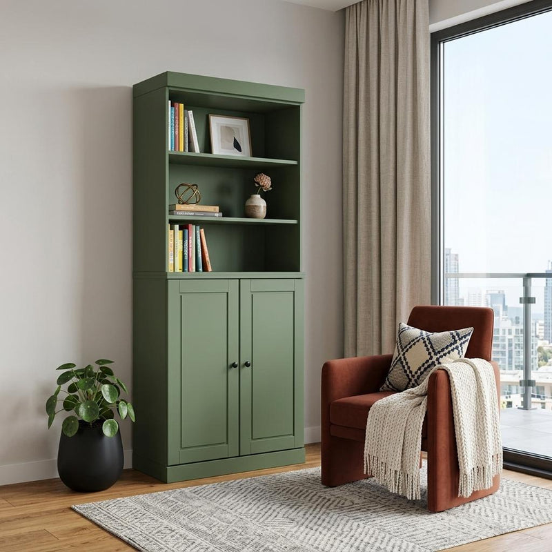Solid Wood Adjustable Six Tier Library Bookcase With Two Doors (745686) - Green