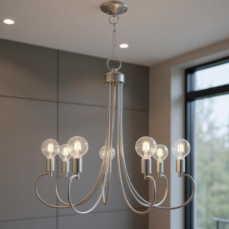 28" Seven Light Dimmable Chandelier With Shades - Nickel