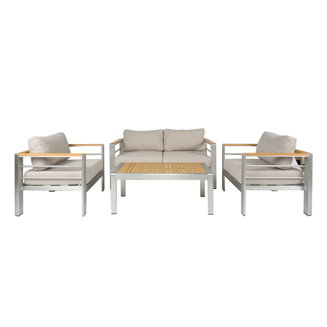 Cora - Outdoor Patio Aluminum 4 Pieces Chat Set - Beige / Natural / Silver