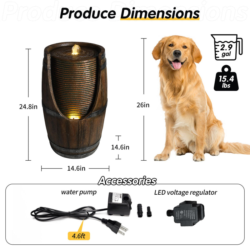 Rustic Barrel Water Fountain With LED Light
