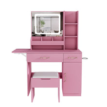 Load image into Gallery viewer, Vanity Desk With LED Mirror Lights And Power Outlet Charging Station, 3 Drawers, 7 Shelves, Storage Stool - Pink
