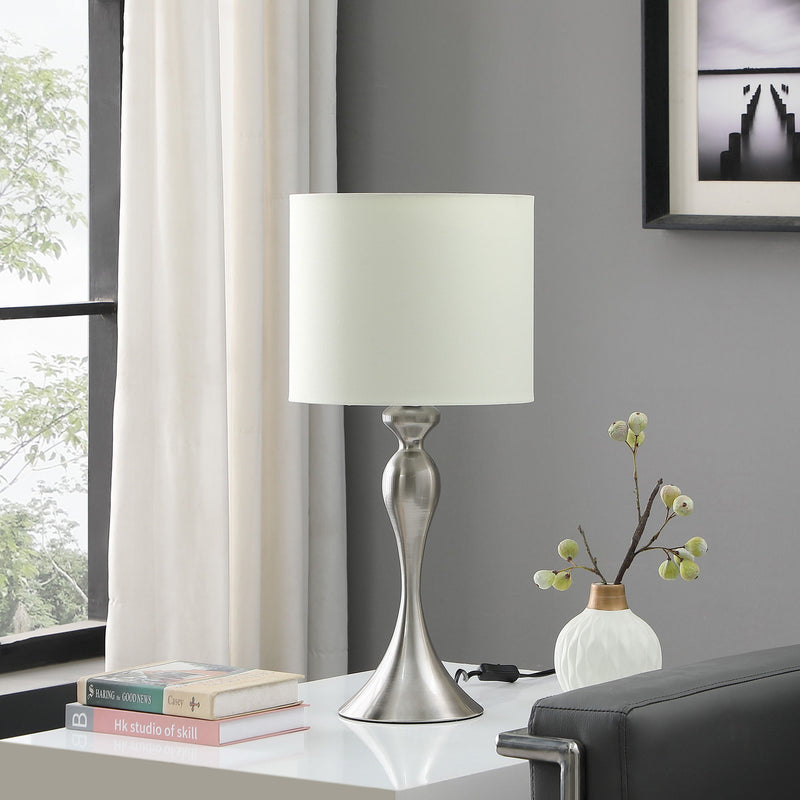 Metal Table Lamp With Off-White Drum Shade - Silver