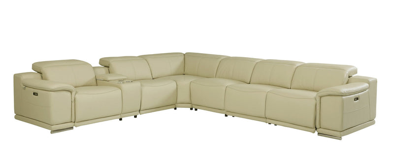 Italian Leather Power Reclining Seven Piece Corner Sectional With Console - Beige