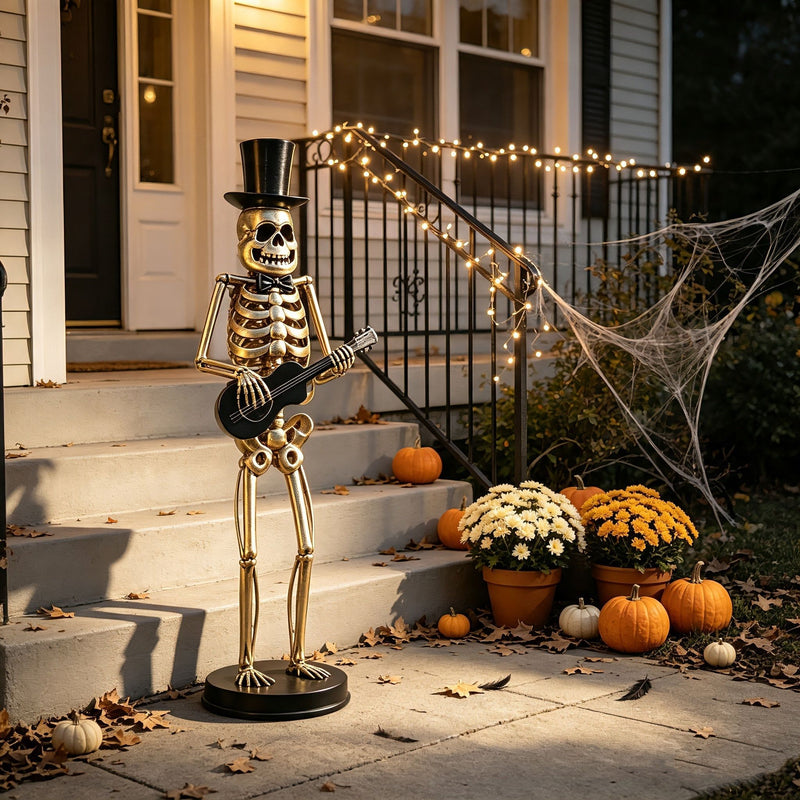 Skeleton Musician Statue, For Halloween Indoor Outdoor Party Display - Gold
