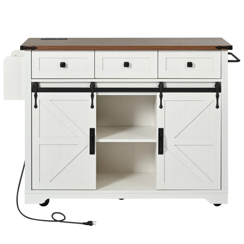 Brown And Wood Flat Door Rolling Kitchen Cart With Storage With USB (755918) - White
