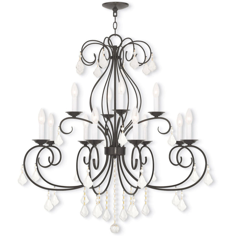 Twelve Light Metal Dimmable Chandelier With Shades - Bronze / Clear
