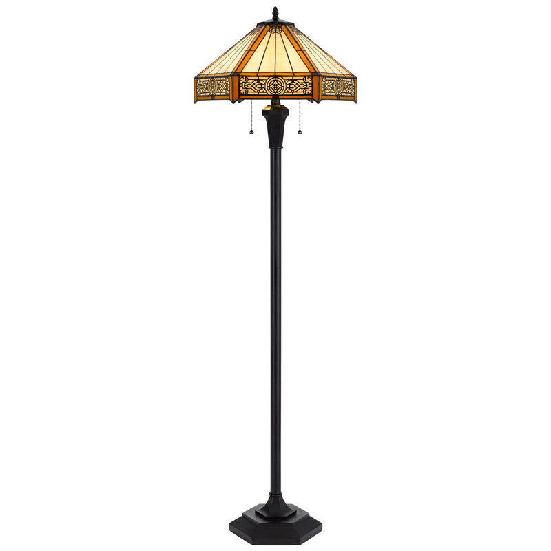 Two Light Traditional Shaped Floor Lamp With Orange And Ivory Abstract Tiffany Glass Empire Shade - Bronze