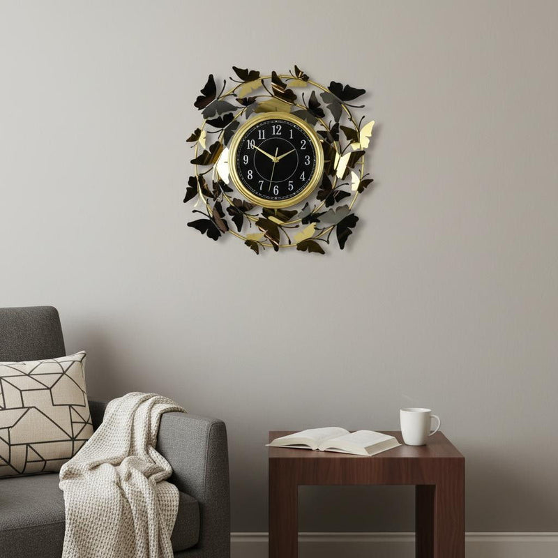 Silent Analog Butterfly Round Wall Clock - Gold / Silver / Black