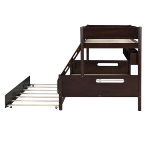 Wood Twin over Full Bunk Bed with Storage Shelves and Twin Size Trundle, Espresso