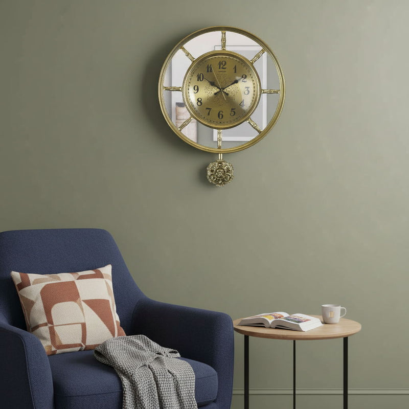 Mirrored Silent Pendulum Ornate Round Wall Clock - Gold / Silver