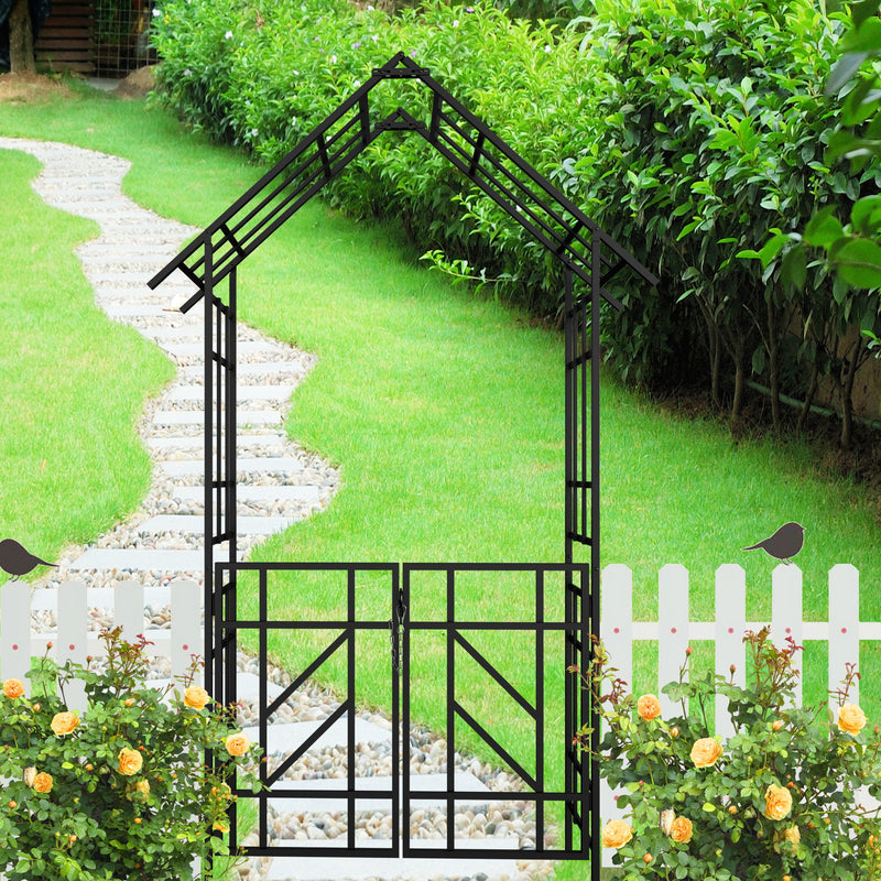 Garden Arch With Gate Climbing Plants Support Outdoor - Black