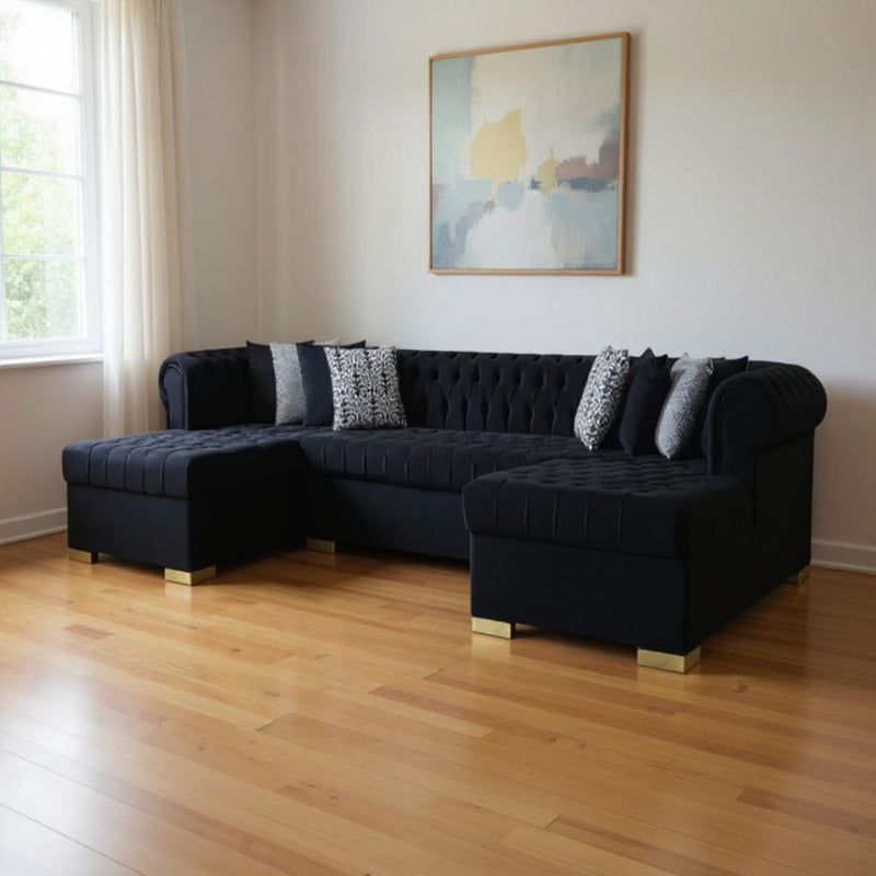 Velvet U Shaped Three Piece Sofa Chaise Sectional With Toss Pillows - Black