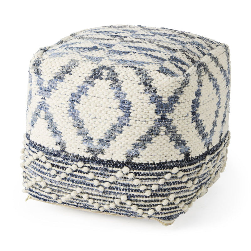 Fabric Geometric Round Pouf Ottoman - Cream / Gray