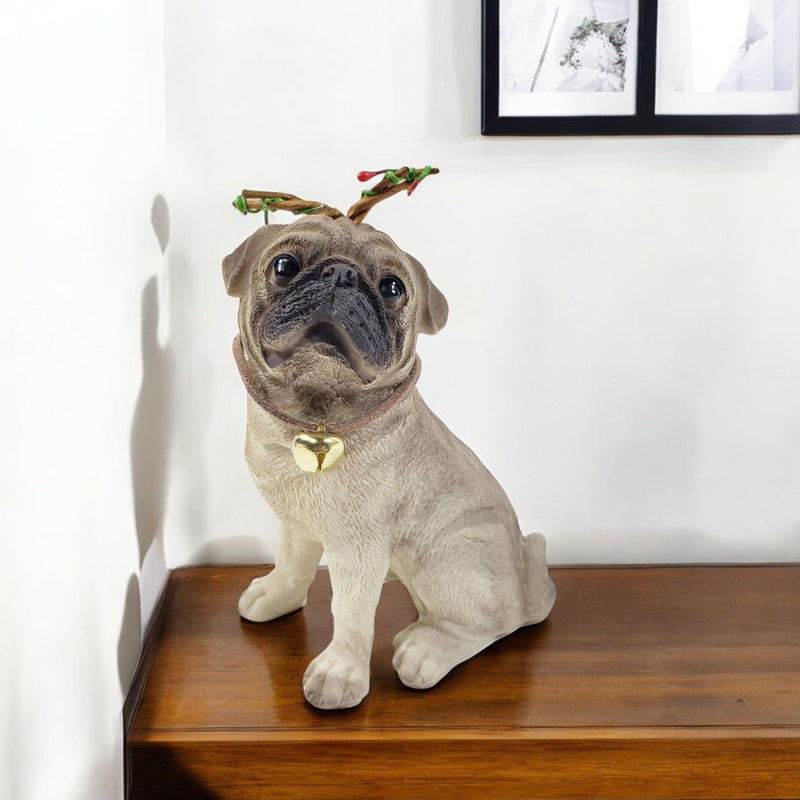 Poly Dog Christmas Figurine - Cream / Brown / Gold