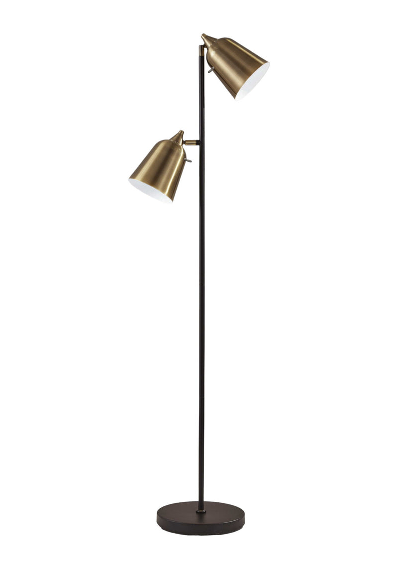 Two Light Floor Lamp With Antiqued Brass Cone Shades - Black