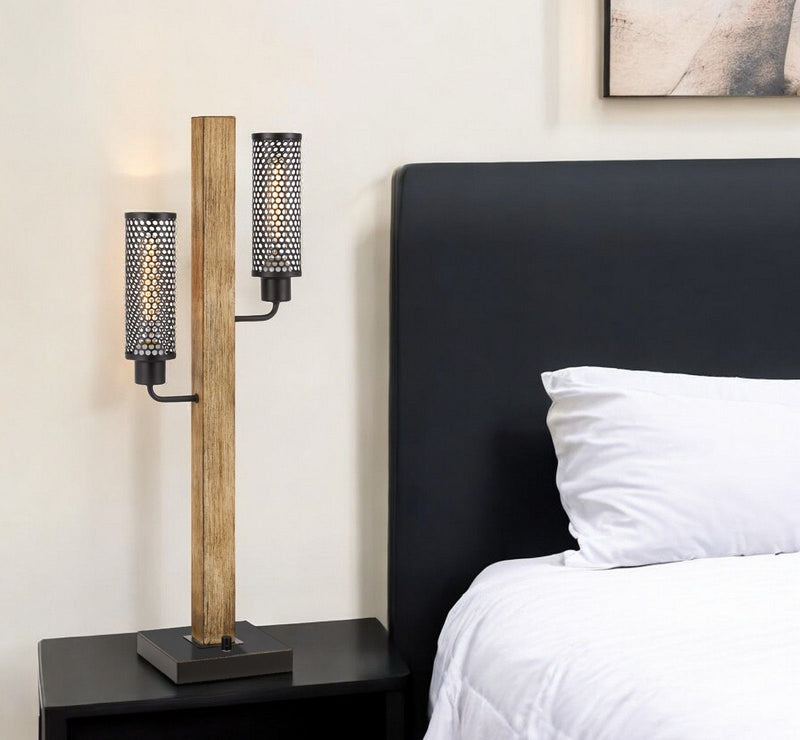 Metal Two Light Table Lamp With Black Novelty Shade - Gray