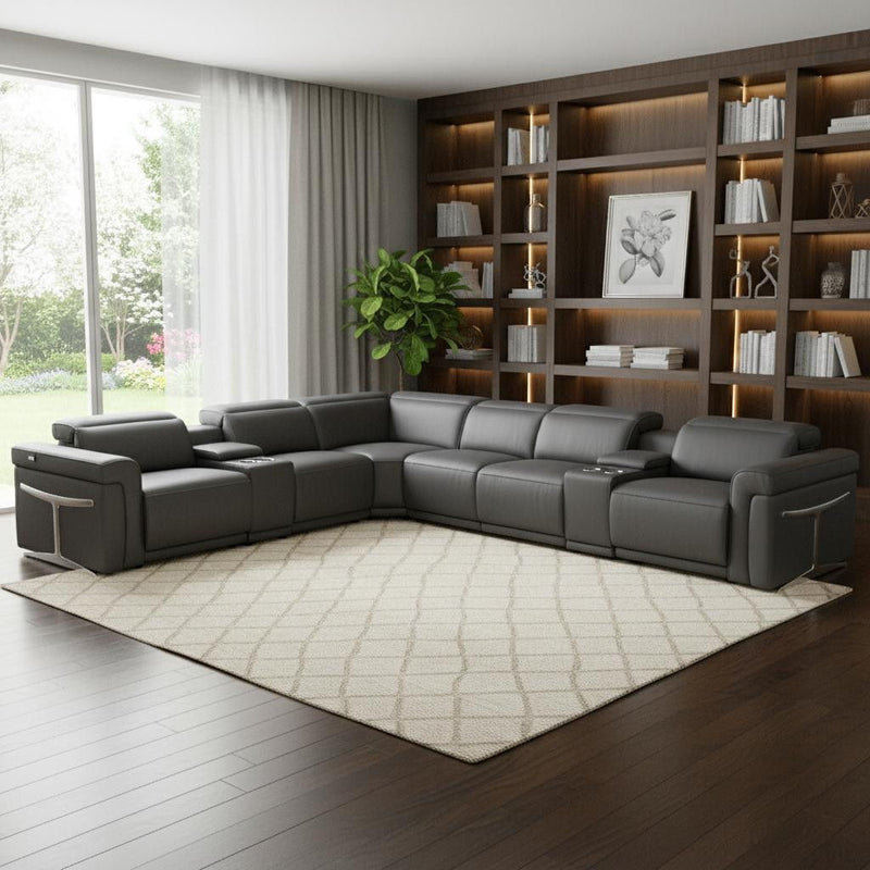 Italian Leather Modular L Shaped Eight Piece Corner Sectional With Console - Gray