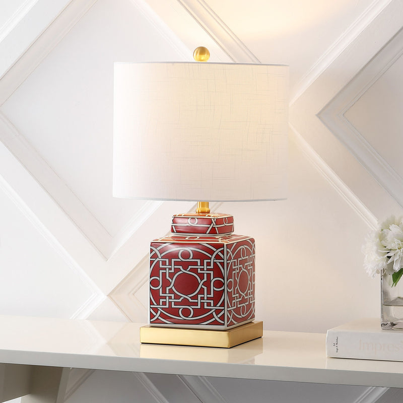 Square Table Lamp LED With Drum Shade - Red
